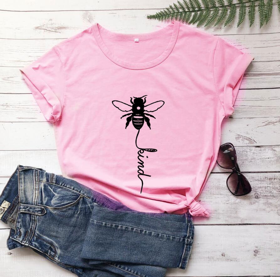 Cotton T Shirt Bee Kind Print Women Short Sleeve O Neck Loose Tshirt Summer Tee Shirt Tops - Mammalook