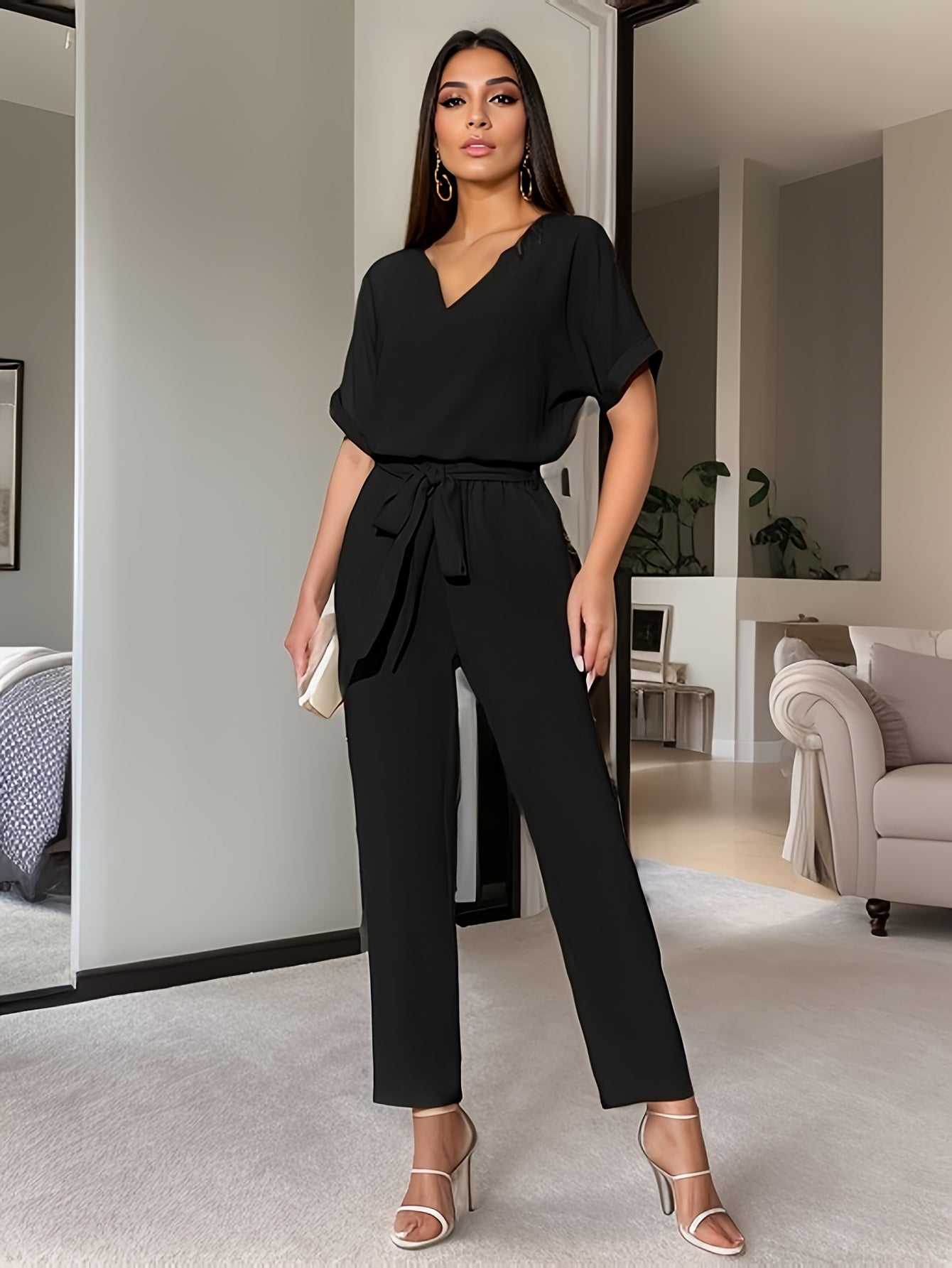 Elegant Solid Color Pants Set, Notched Neck Short Sleeve Blouse & Belted Straight Leg Simple Pants, Women's Clothing - Mammalook