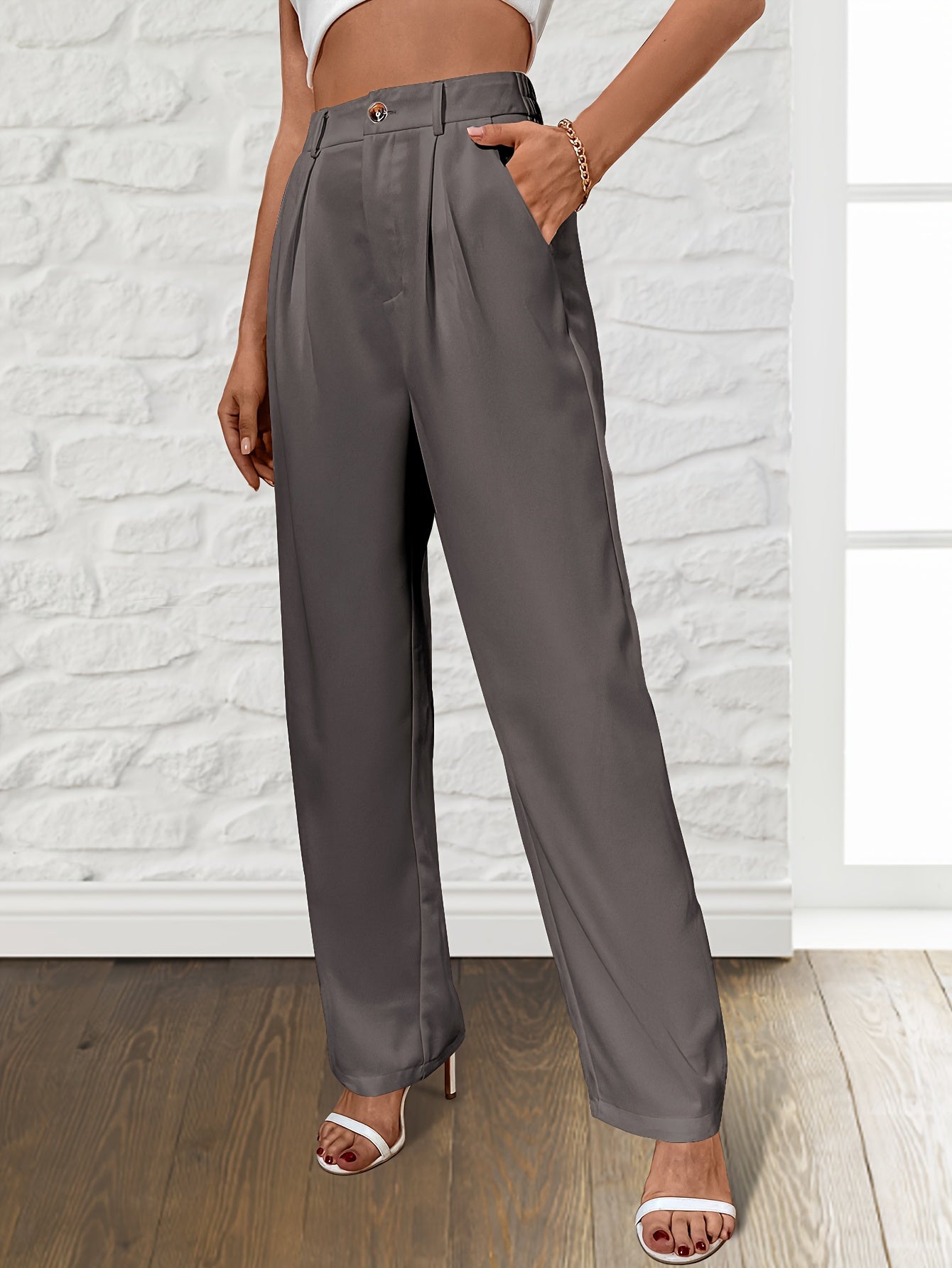 Solid Loose Straight Leg Pants, Casual Draped Pants With Pocket, Women's Clothing - Mammalook