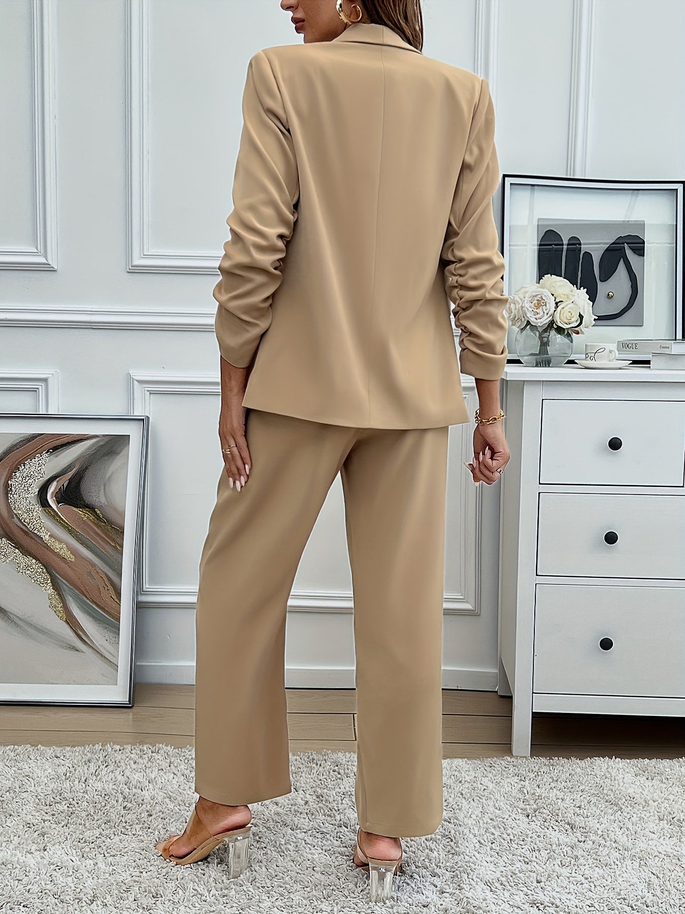 Solid Color Stylish Pantsuits, Lapel Long Sleeve Open Front Blazer & High Waist Straight Leg Pants Outfits, Women's Clothing - Mammalook