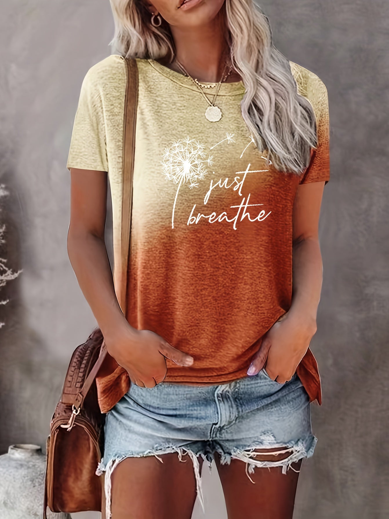 Just Breathe & Dandelion Print T-shirt, Casual Crew Neck Short Sleeve Top, Women's Clothing - Mammalook