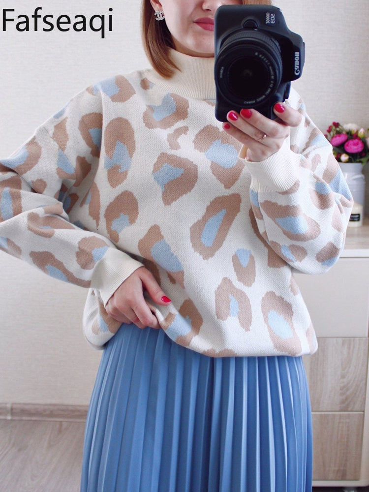 Winter Women's Sweater Leopard Print Animal Basic Thick Turtleneck Oversize Jumper Sotf Warm Knitted Sweaters for Womens - Mammalook