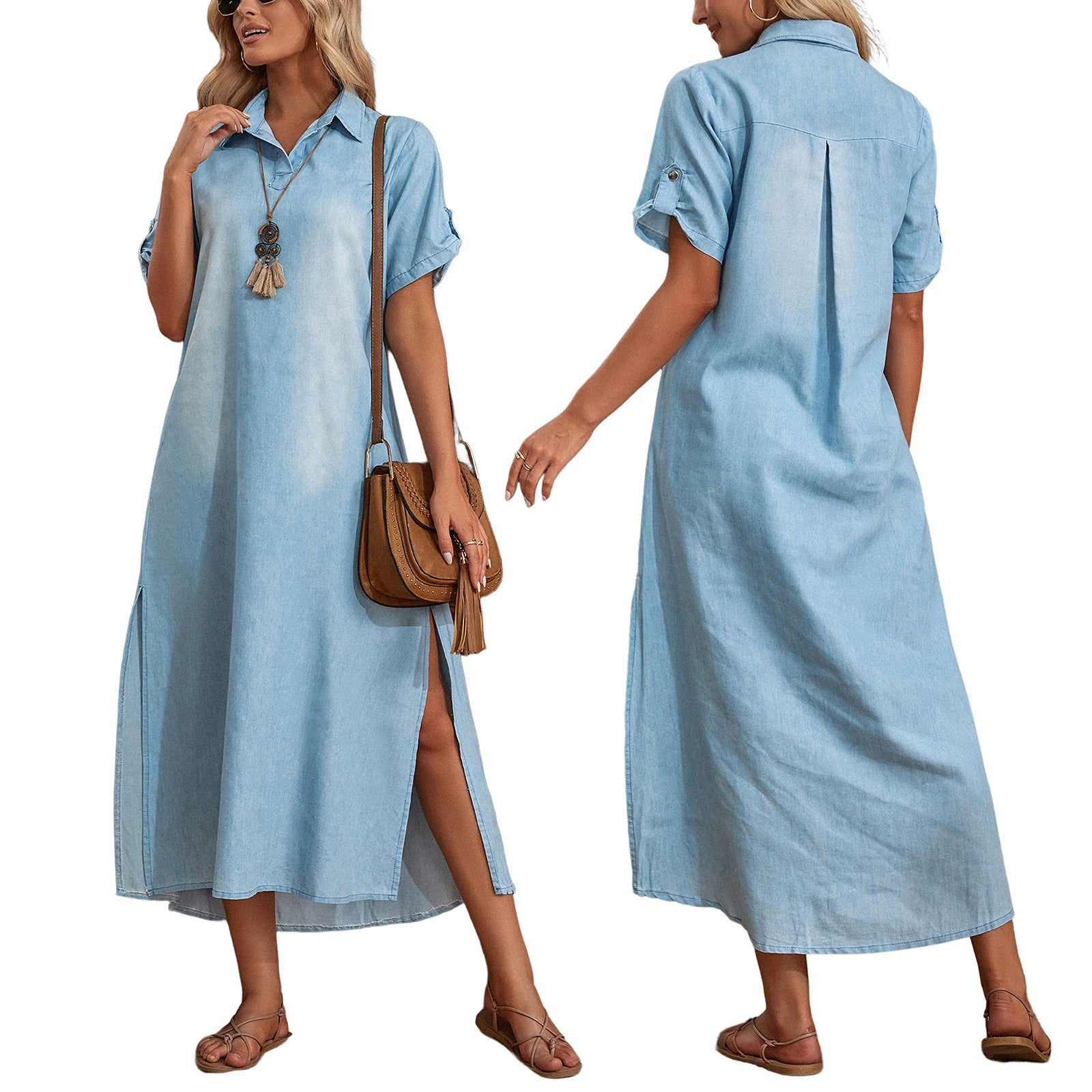 Casual Women Loose Dress Lapel Vintage Summer Side Slitting Hem Loose Long Denim Dress - Mammalook