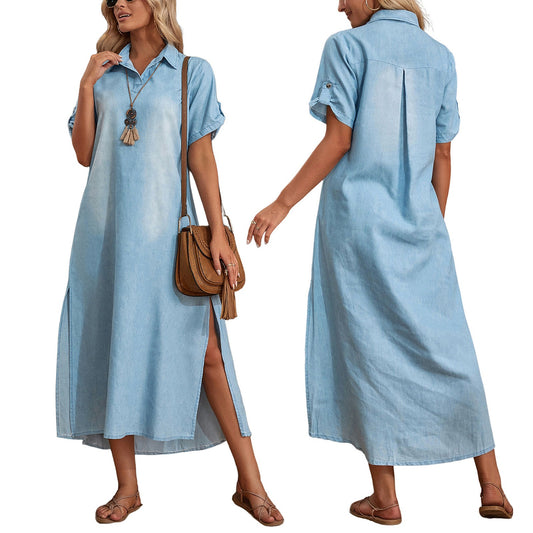 Casual Women Loose Dress Lapel Vintage Summer Side Slitting Hem Loose Long Denim Dress - Mammalook