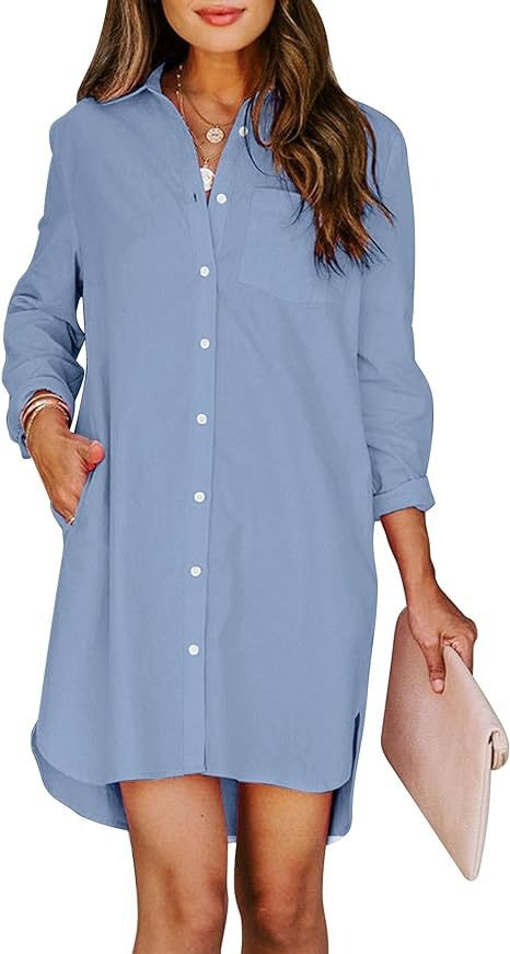 Women's button up shirt dress with pockets, cotton button up waist tied long sleeved solid color high and low shirt - Mammalook