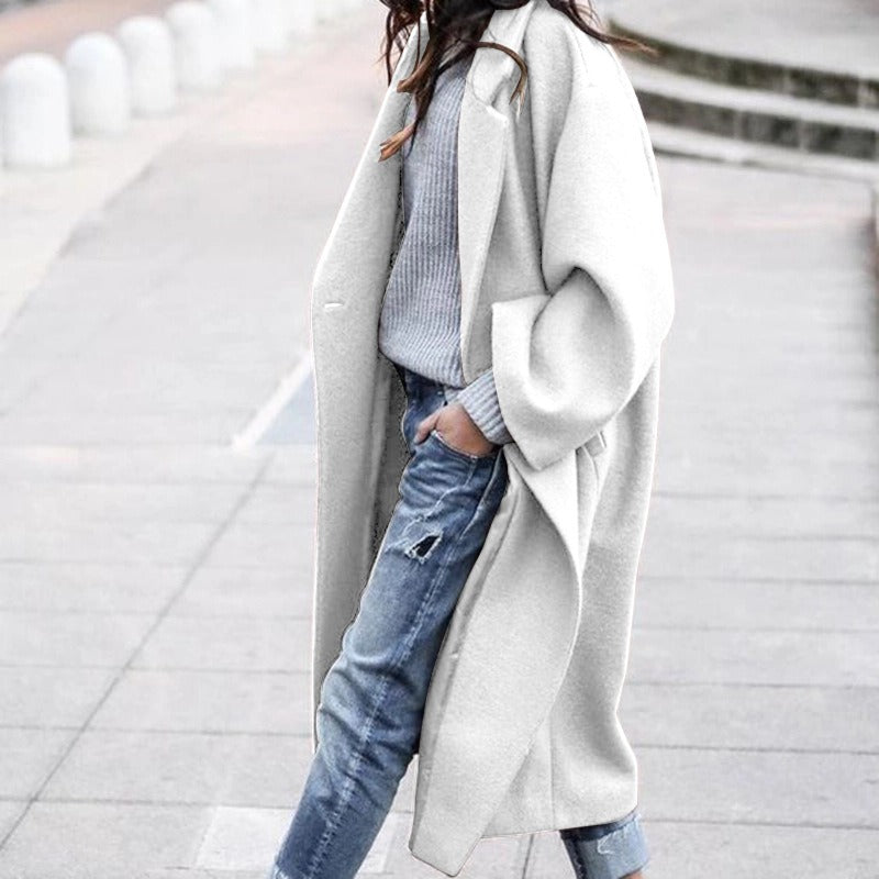 Women's Casual Long Solid Color Woollen Jacket - Mammalook