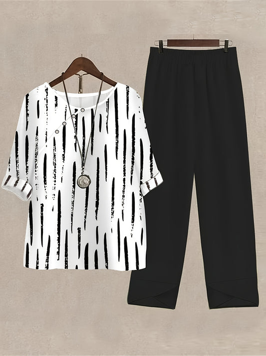 Casual Spring & Summer Two-piece Set, Button Decor Color Block Crew Neck Short Sleeve Top & Solid Pants Outfits, Women's Clothing - Mammalook