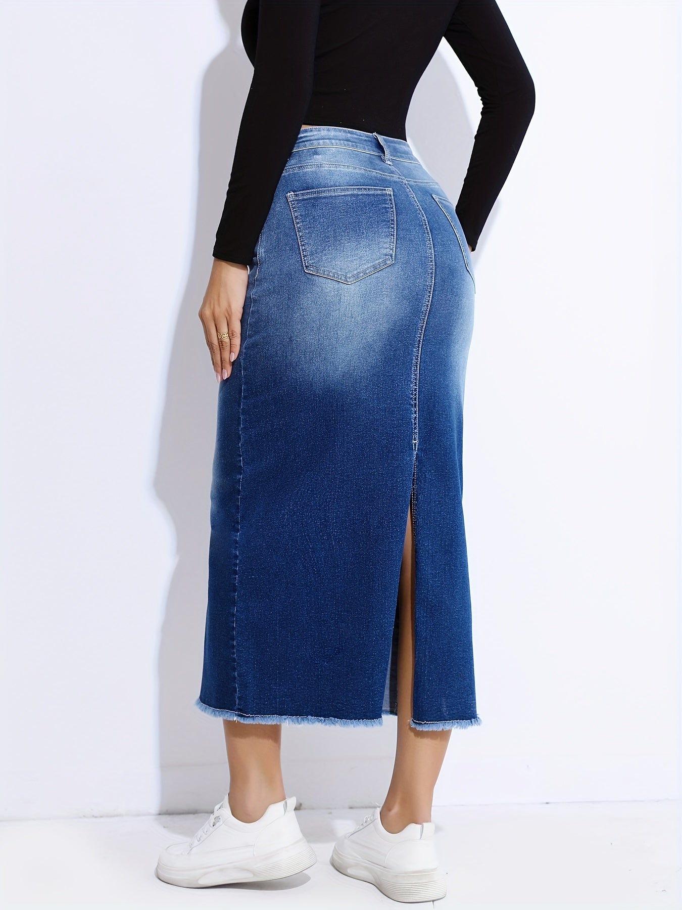 Blue Raw Hem Denim Skirt, High-Stretch Slant Pockets Split Back Denim Midi Skirt, Women's Denim Clothing - Mammalook