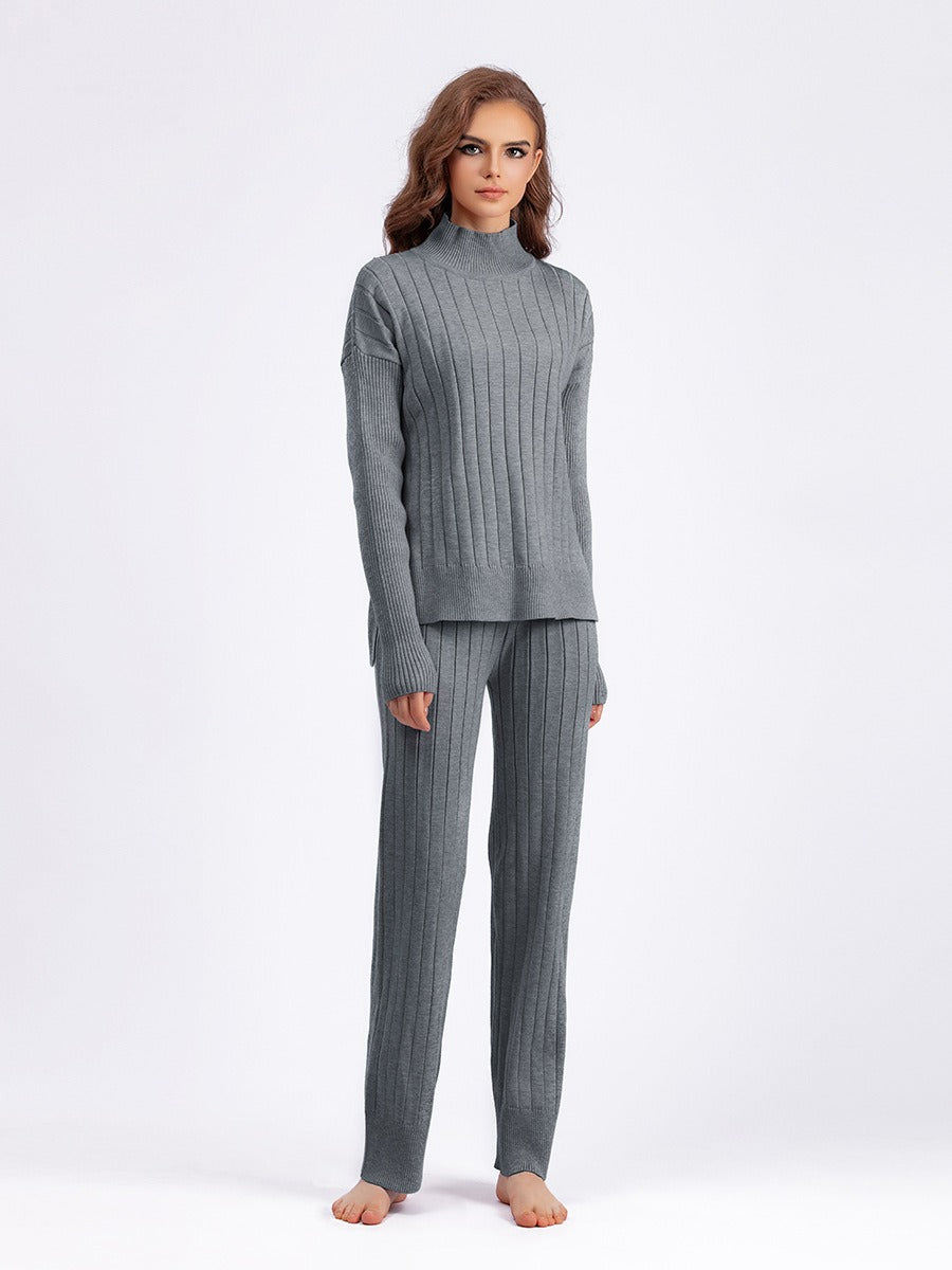 New Autumn and Winter Hollow Half Turtleneck Sweater Set Solid Color Loose Warm Pullover Two-piece Set - Mammalook