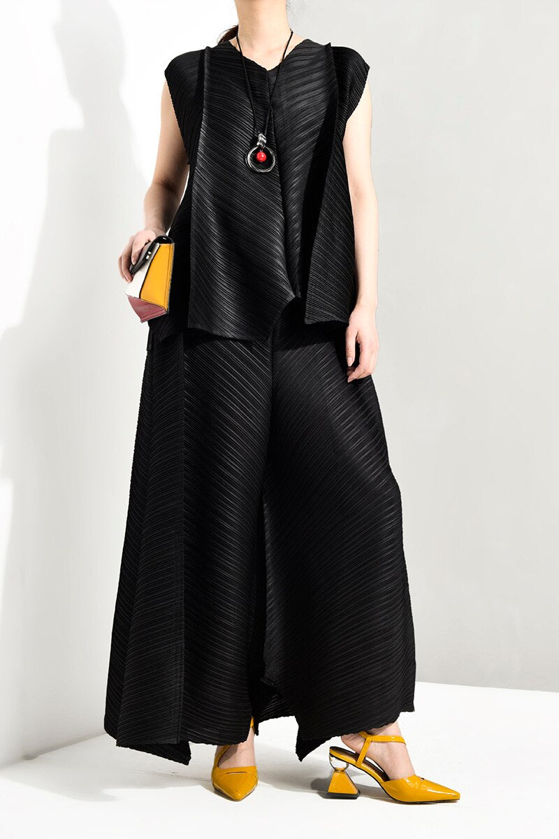 Summer New Temperament Women Loose Casual Pleated Sleeveless Vest Loose Wide Leg Pants Sets Female Fashion - Mammalook