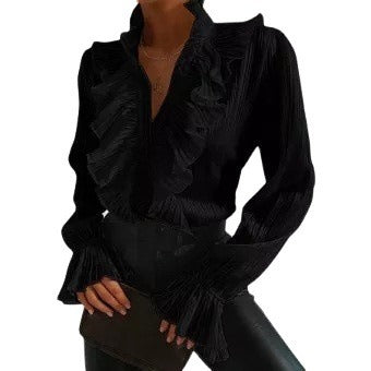 New ruffled flared sleeve pleated long sleeved shirt - Mammalook