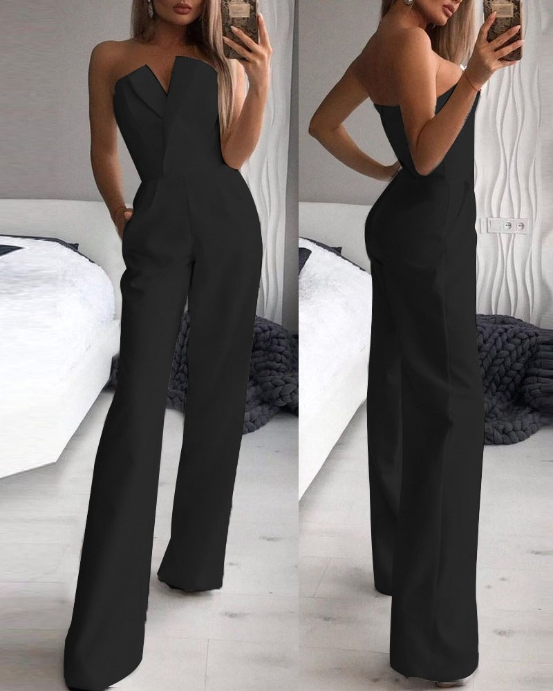 Jumpsuit with slanted collar and mid waist for a stylish commuting jumpsuit - Mammalook