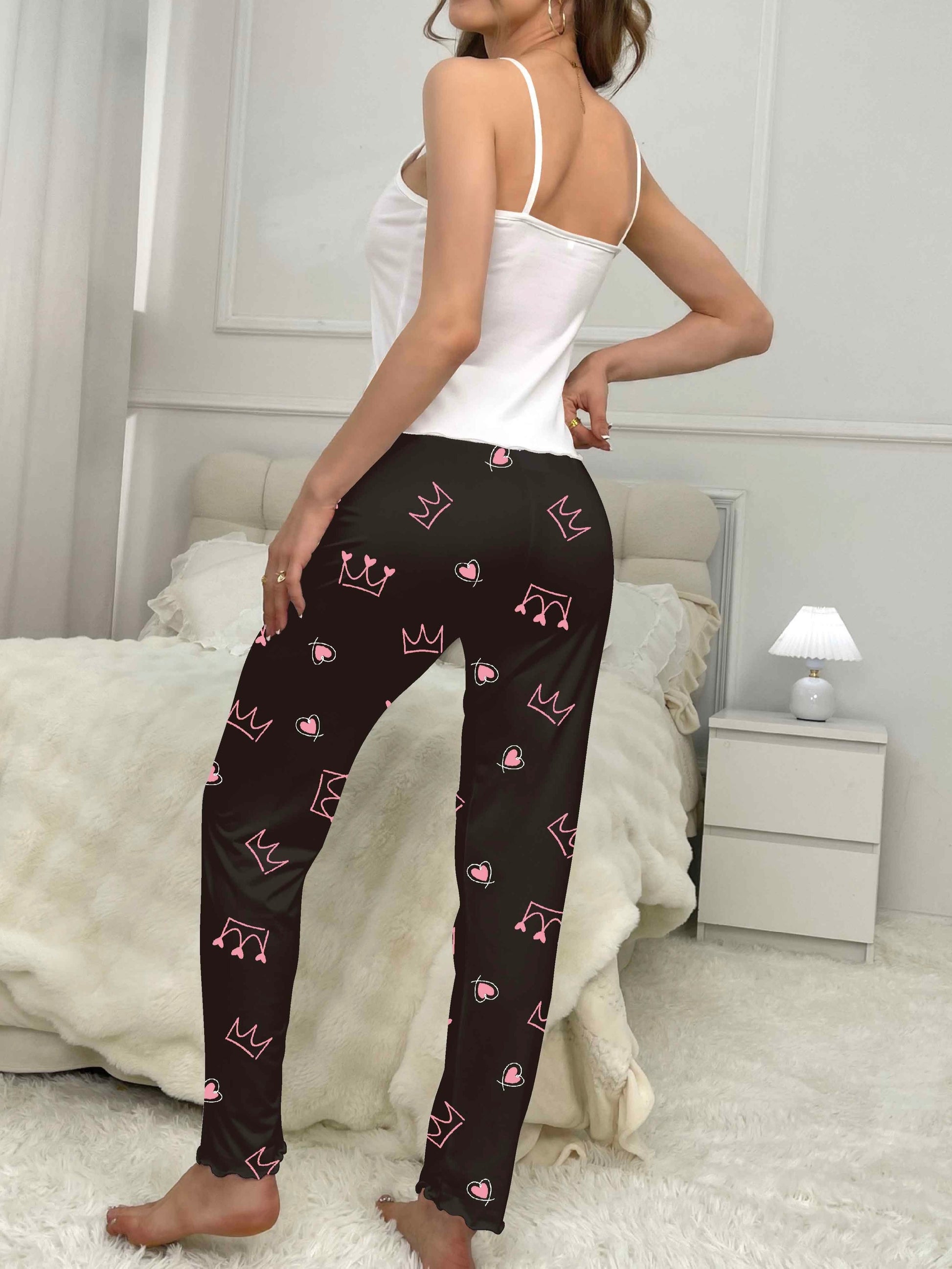 Casual Plaid Heart Print Pajama Set, Crew Neck Cami Top & Elastic Pants For Valentine's Day, Women's Sleepwear & Loungewear - Mammalook