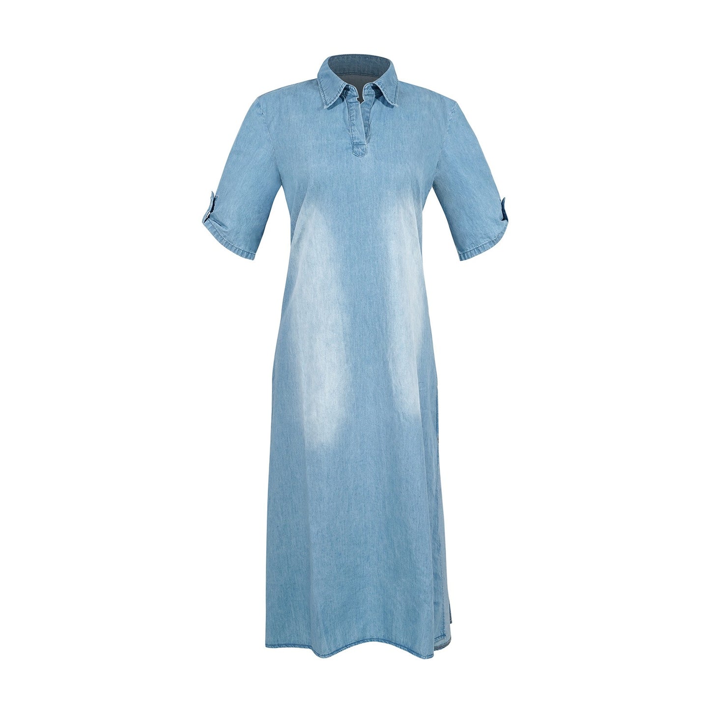 Casual Women Loose Dress Lapel Vintage Summer Side Slitting Hem Loose Long Denim Dress - Mammalook