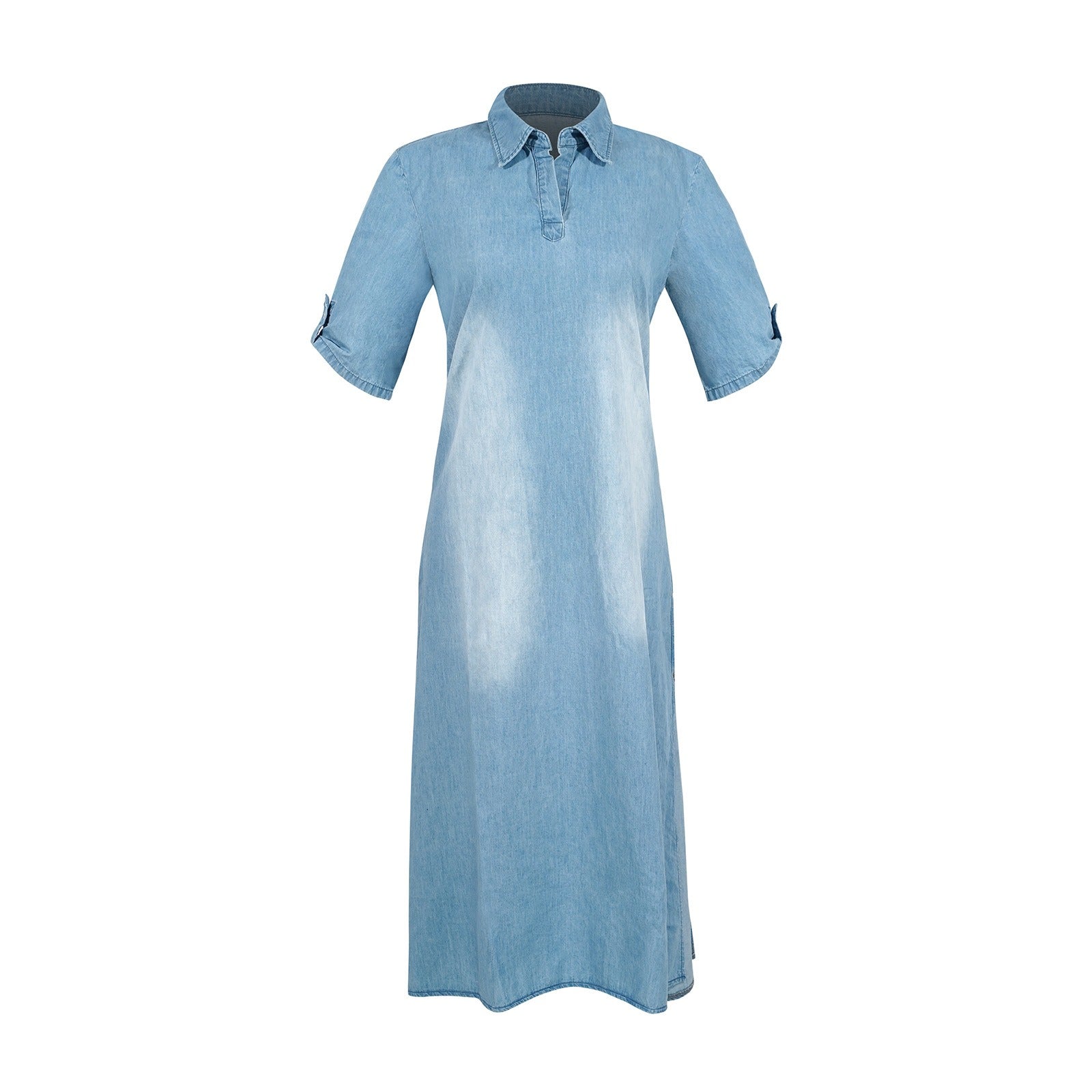 Casual Women Loose Dress Lapel Vintage Summer Side Slitting Hem Loose Long Denim Dress - Mammalook