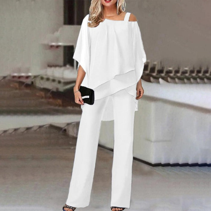 Women's New European and American Fashion Solid Color Loose Leisure Bat Sleeve Long Pants Irregular Fashion Casual Set - Mammalook
