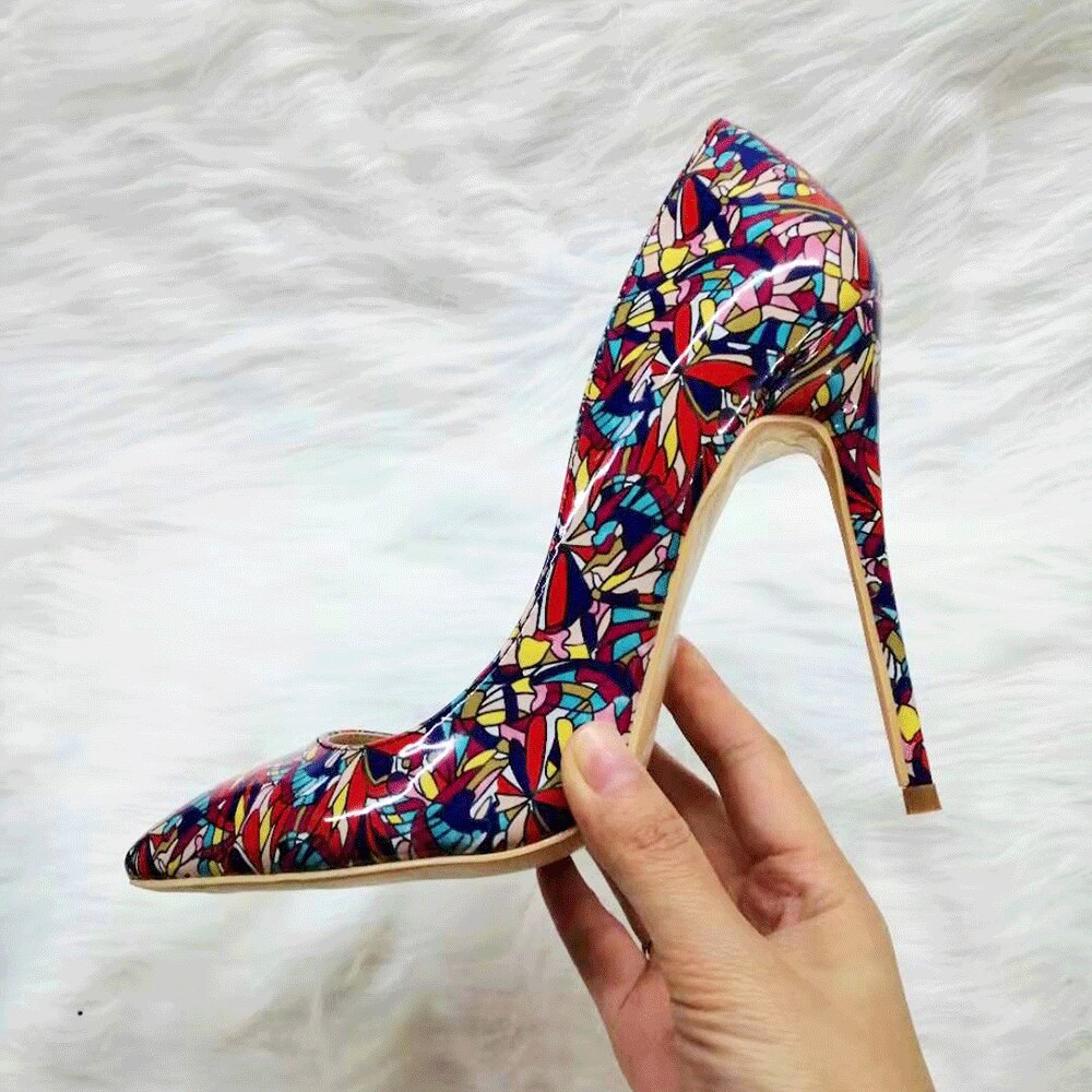 Tikicup Black Graphic Printed Women Pointy Toe High Heel Shoes Ladies Slip On Stiletto Pumps Plus Size 43 44 45 8cm 10cm 12cm - Mammalook