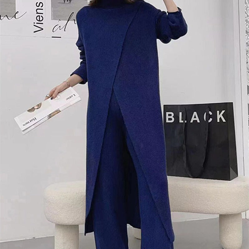 Blue Slit Long Knitting Dress Women Big Size New Turtleneck Long Sleeve Loose Fit Fashion - Mammalook