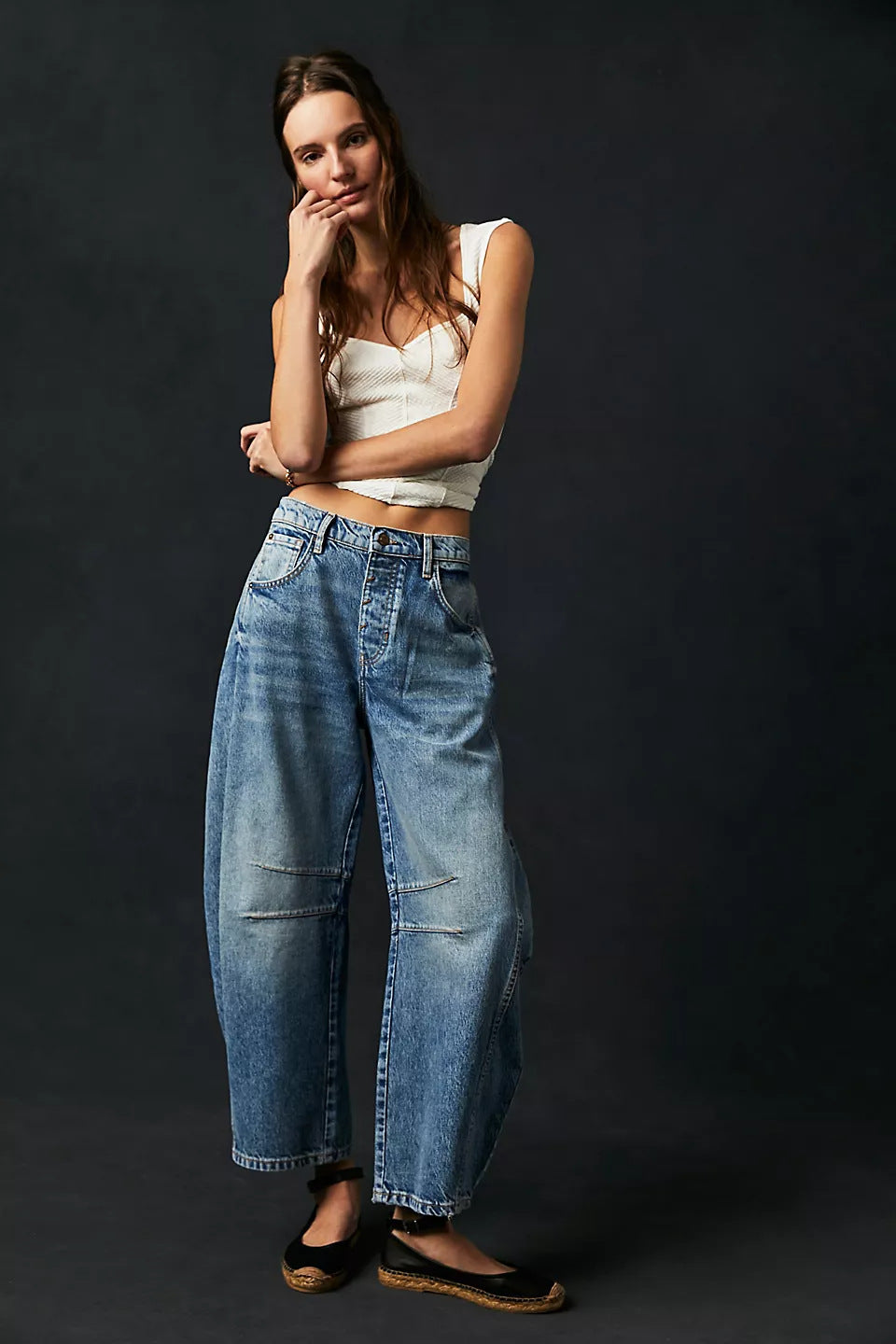 High-Stretch Mid-Rise Barrel Jeans – Women’s Casual Wide-Leg Denim