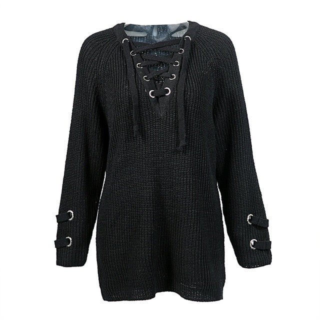 Conmoto Solid White Casual Sweater Lace Up Women Sweater Long Sleeve Autumn Winter Sweater Street Fashion - Mammalook
