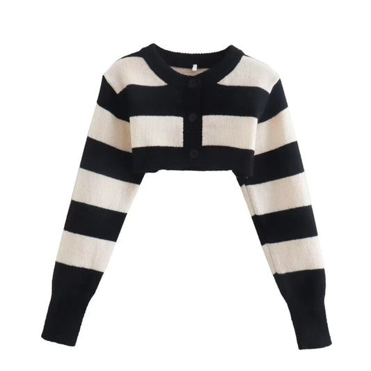Women Black White Striped Knitted Sweater Summer Female Long Sleeve Pullover Casual Lady Crop Tops - Mammalook