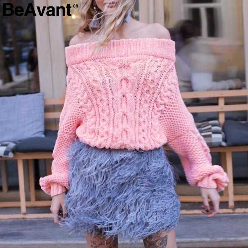 Twist knitted off shoulder women sweater Batwing sleeve blue winter sweater pullover Loose casual knit jumper female - Mammalook