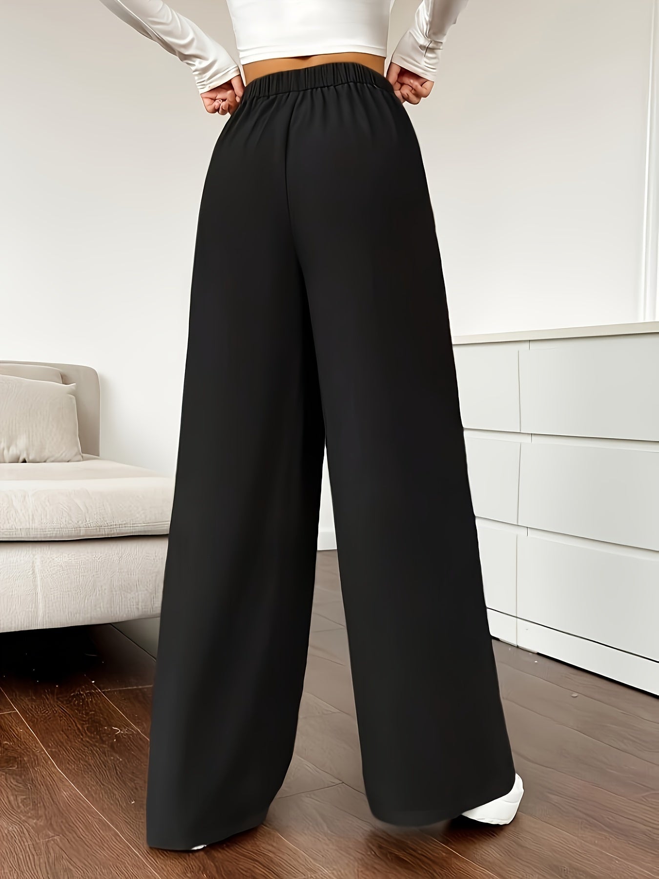 Solid Color High Waist Pants, Elegant Dual Pockets Wide Leg Pants For Spring & Summer, Women's Clothing - Mammalook