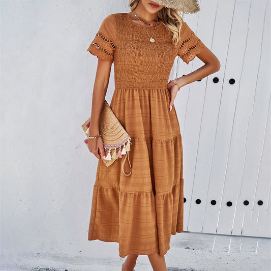 Spring and summer pure color temperament play sheath hollow dress - Mammalook