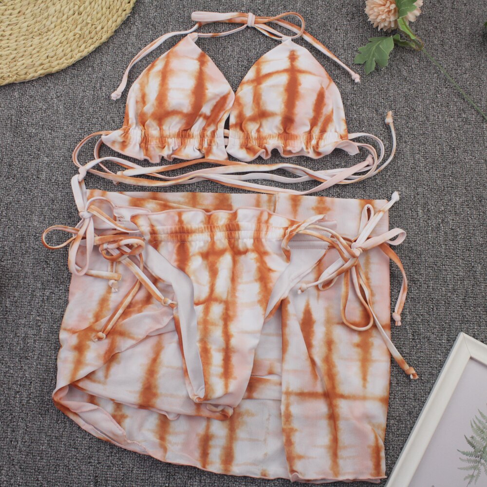 Sexy 3 Piece Bikini Set With Cover Up Beach Dress Tie Dye Push Up Biquini Brazilian Swimwear Women Thong Bikinis Mujer - Mammalook