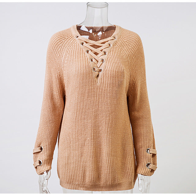 Conmoto Solid White Casual Sweater Lace Up Women Sweater Long Sleeve Autumn Winter Sweater Street Fashion - Mammalook