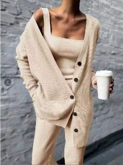 Solid color knitted jacket three piece set - Mammalook