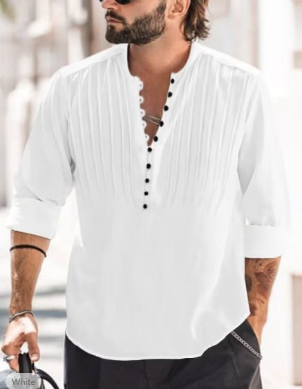 Cotton and Linen Mens Casual Button Round Neck Solid Standing Collar Shirt - Mammalook