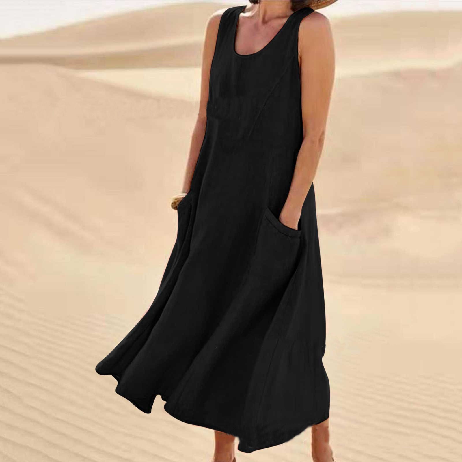 Pocket sleeveless round neck women's cotton and linen dress - Mammalook