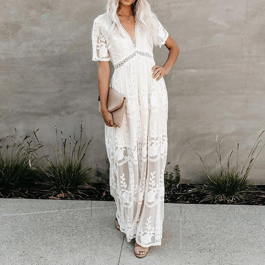 Boho Lace Maxi Dress – White V-Neck Summer Gown