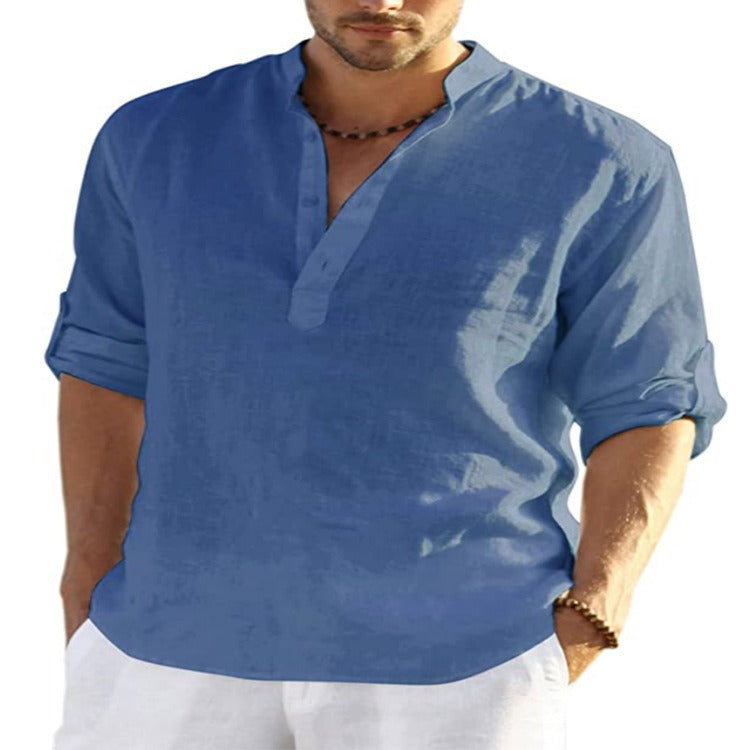 Mens Linen Long Sleeved T Shirt Loose Sweatshirt Solid Color Long Sleeved Cotton Linen Shirt Mens Large - Mammalook
