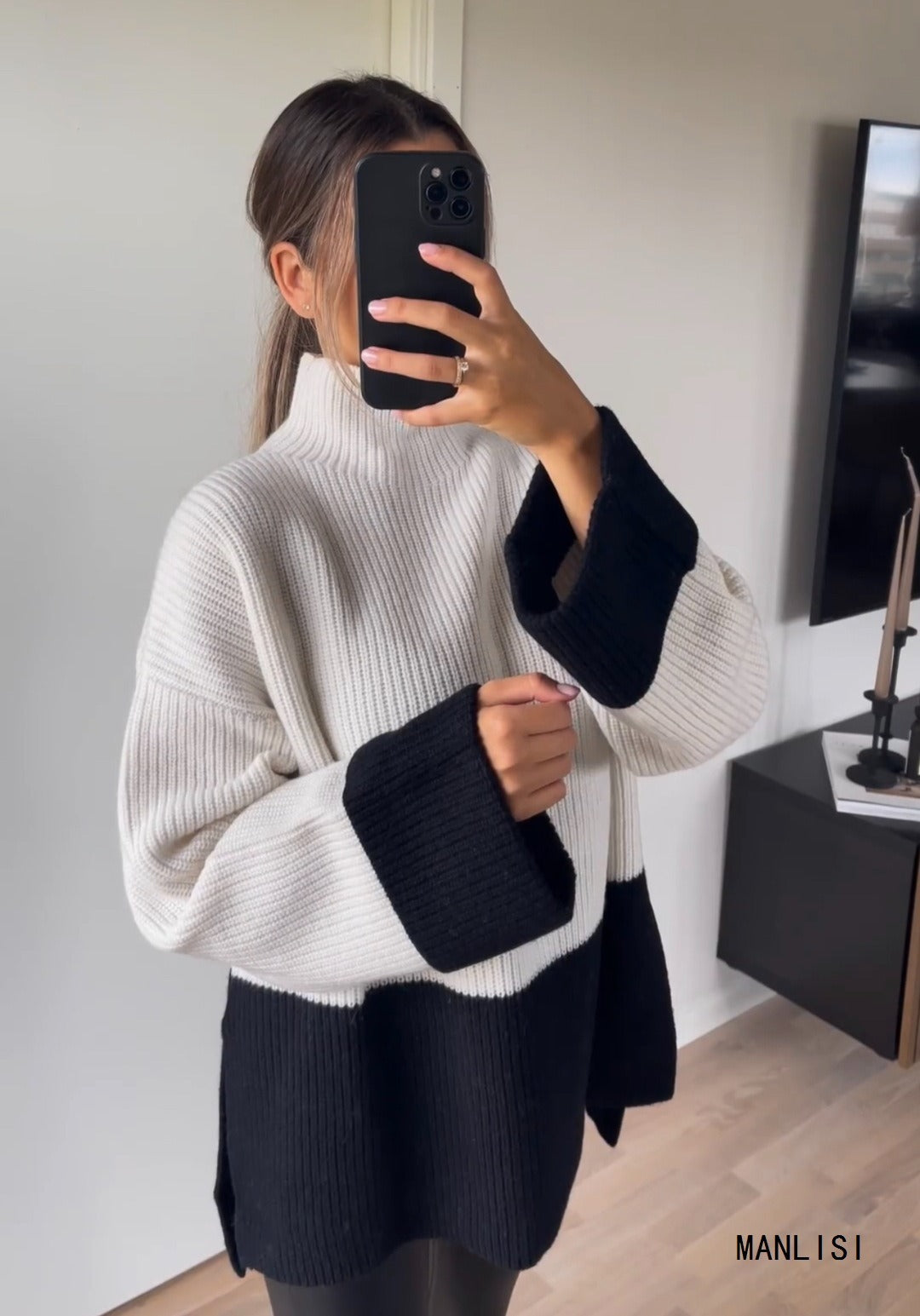 Women Knitted Patchwork Sweaters Slim Pullovers Mock Neck Long Sleeve Female Top - Mammalook