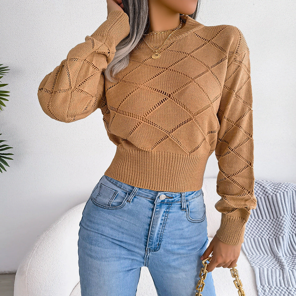 Ins Style Live Shot Autumn And Winter Hollow Plaid Long Sleeve Open Navel Knitting Sweater - Mammalook