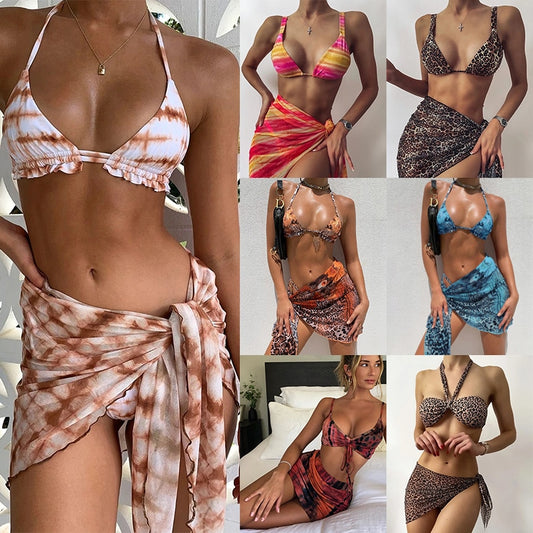 Sexy 3 Piece Bikini Set With Cover Up Beach Dress Tie Dye Push Up Biquini Brazilian Swimwear Women Thong Bikinis Mujer - Mammalook