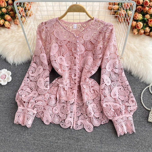 Round Neck Hollow Out Hook Flower Lace Shirt - Mammalook