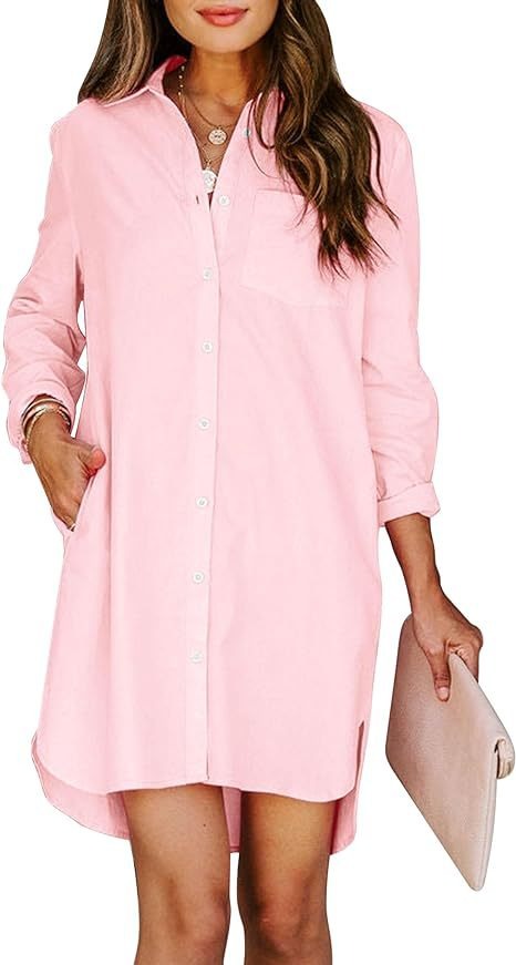 Women's button up shirt dress with pockets, cotton button up waist tied long sleeved solid color high and low shirt - Mammalook
