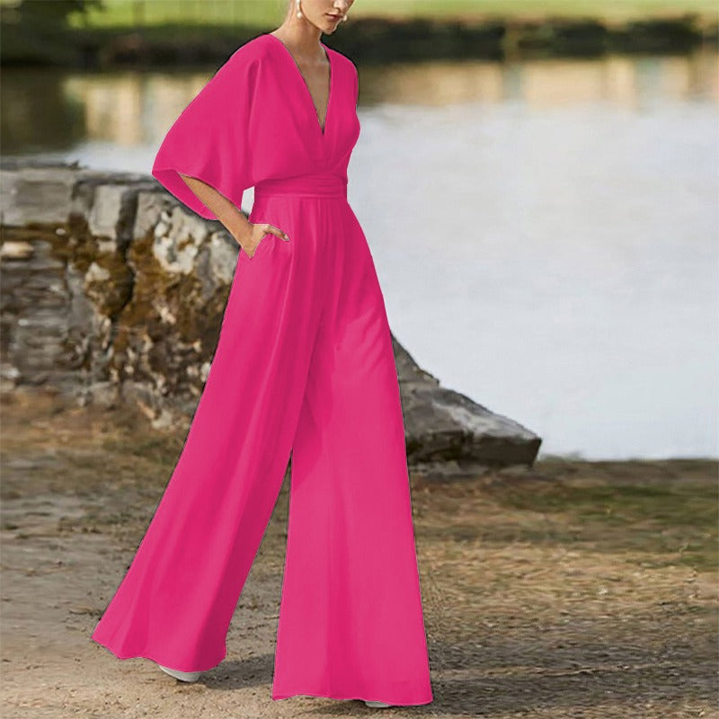 Jumpsuit deep V-high waist wide leg long pants women's dress - Mammalook