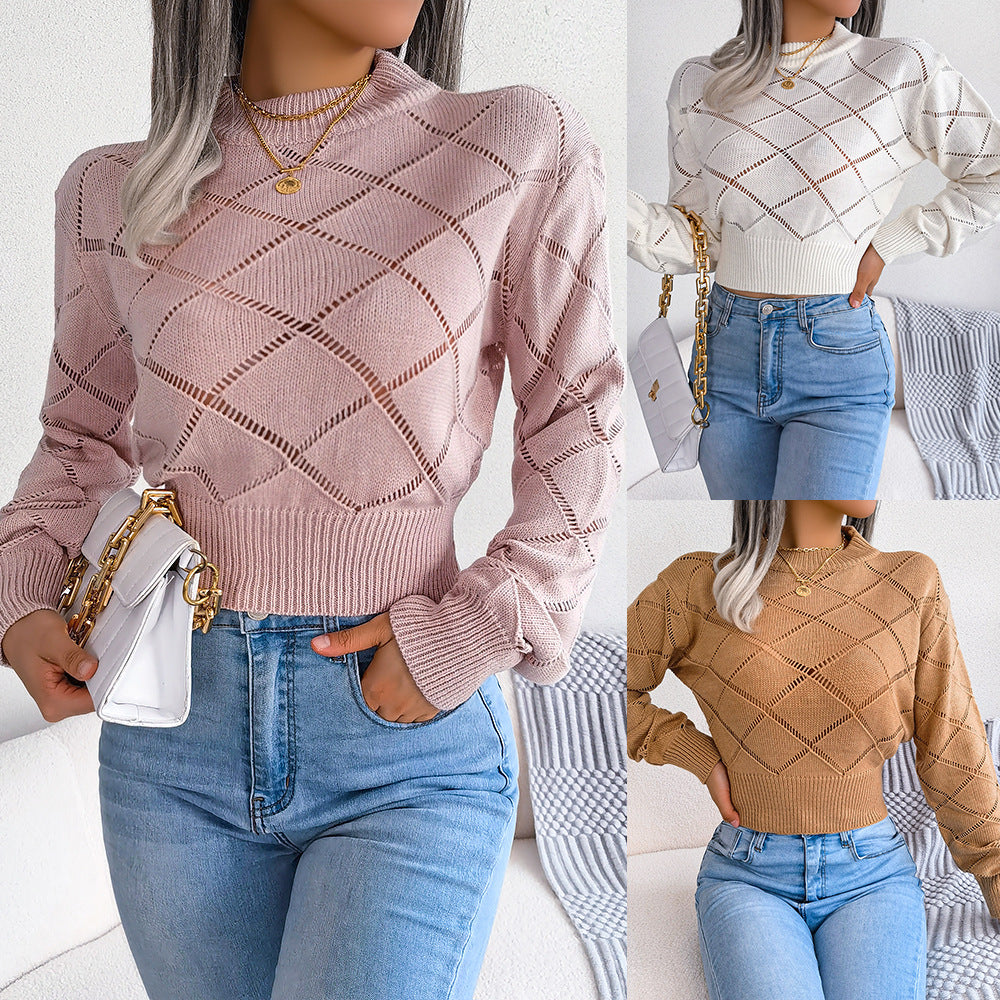 Ins Style Live Shot Autumn And Winter Hollow Plaid Long Sleeve Open Navel Knitting Sweater - Mammalook
