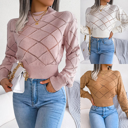 Ins Style Live Shot Autumn And Winter Hollow Plaid Long Sleeve Open Navel Knitting Sweater - Mammalook