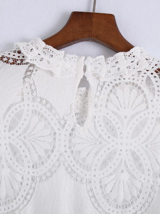 Spring New Women's Hollow Embroidered Blouse Stand Collar Three-quarter Sleeve Slim Fit All-match Top - Mammalook