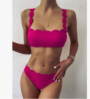Swimsuits Scalloped Edge Swimwear Women Black Bandeau Bathing Suit Women Solid Biquini Beach Wear - Mammalook