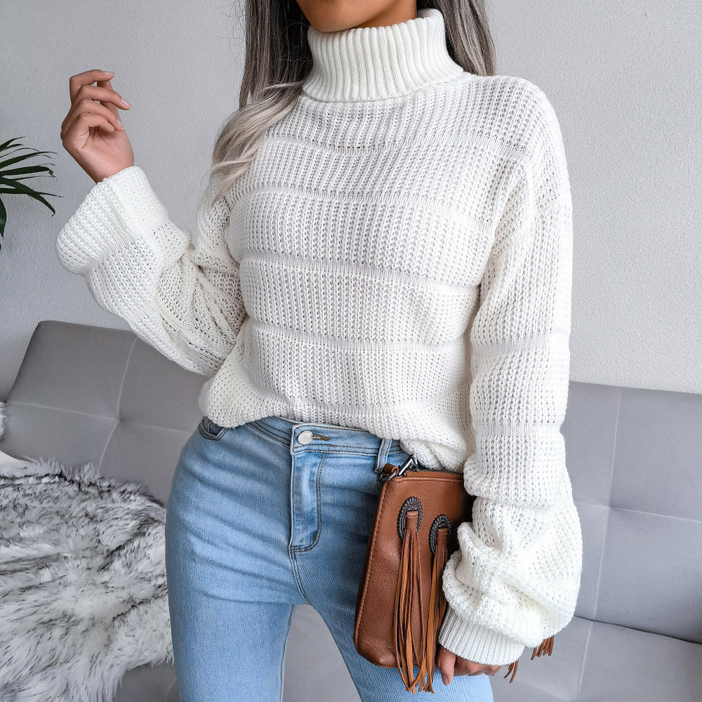 High Neck Long Sleeve Hollow Casual Knitted Sweater - Mammalook