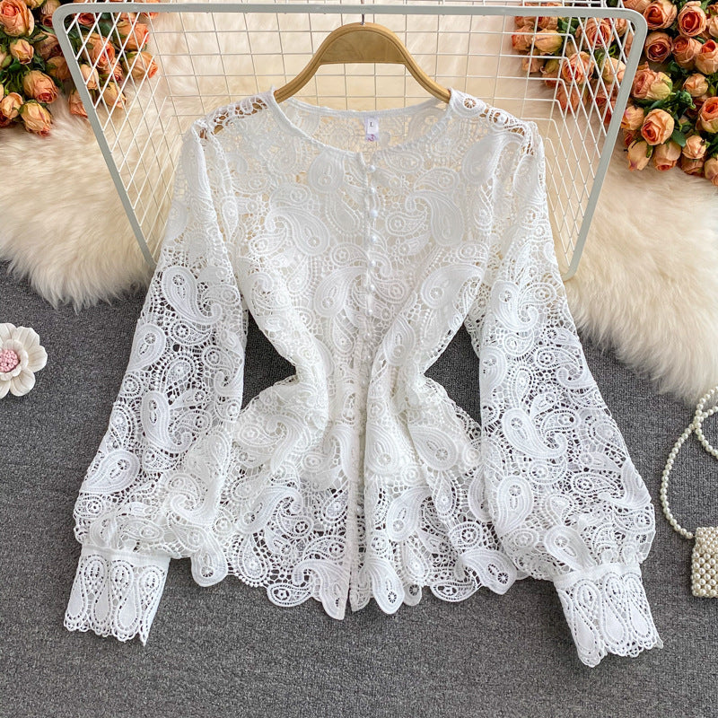 Round Neck Hollow Out Hook Flower Lace Shirt - Mammalook