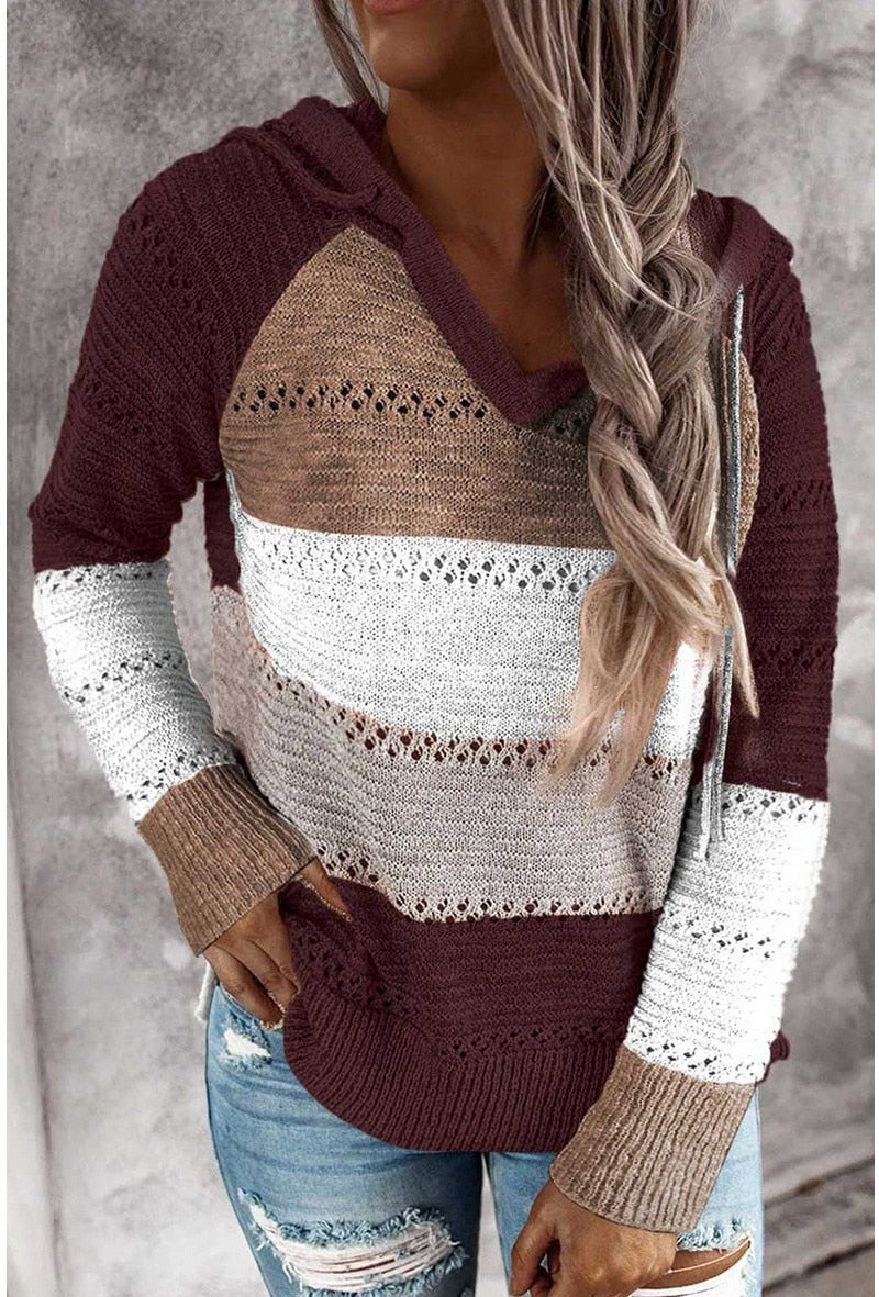 Autumn Winter Sweaters Women Hollow Long Sleeve Sweater Hoodie Tops V Neck Patchwork Casual Knitted Elegant Pullover Jumper - Mammalook