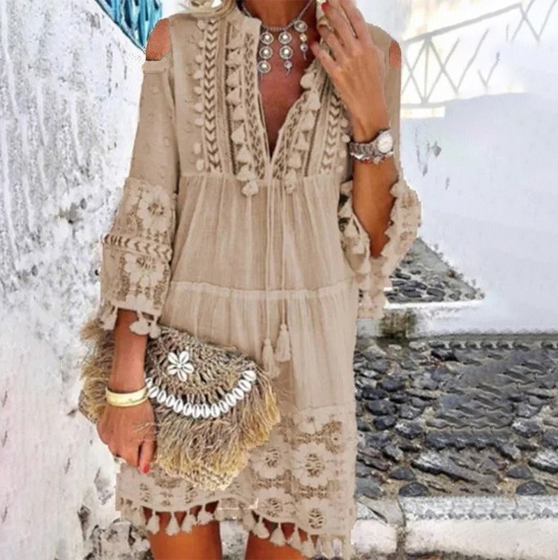 Boho Lace Tassel V-Neck Dress