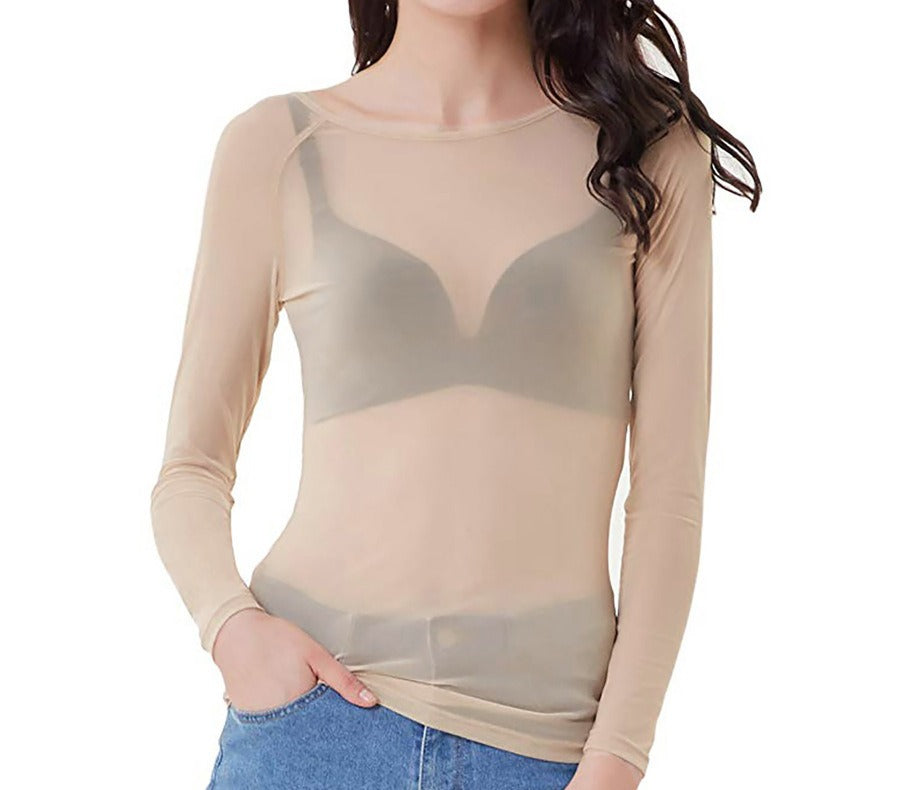 Mesh bottom shirt for women's long sleeved thin mesh shirt elastic top for women's clothing - Mammalook
